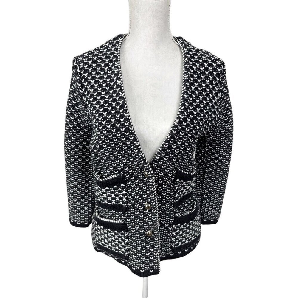 White House‎ Black Market Women's M Fitted 3 Button Knit Blazer Black & White - Picture 2 of 13